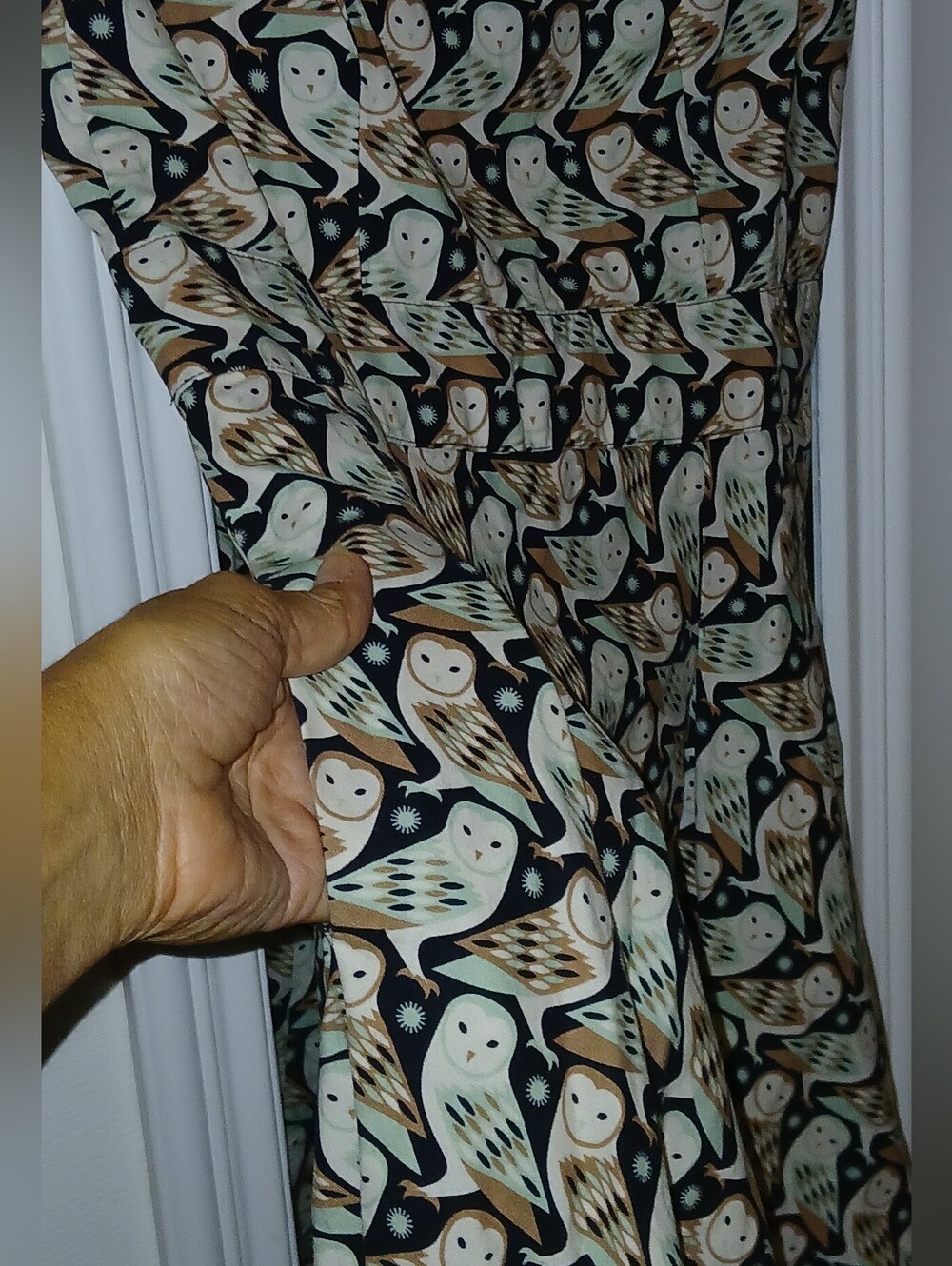 Retrolicious Owl Print Cream, Black & Tan Print Sleeveless Fit-and-Flare Dress - Picture 7 of 8